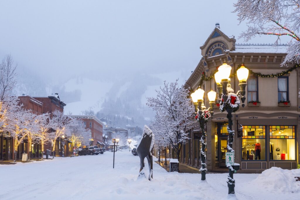 aspen town in fresh snow
